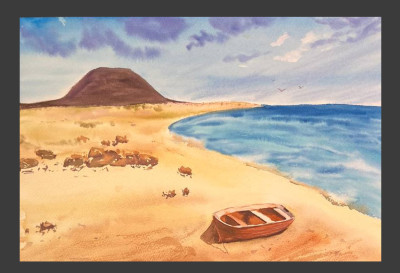 Playa de arena con barco